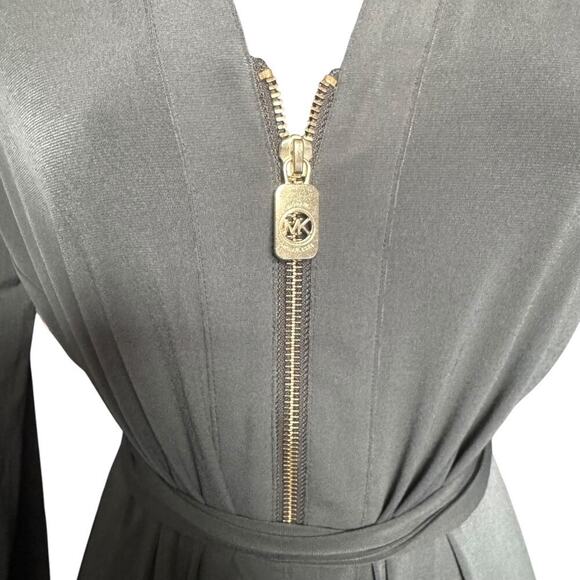 Michael Kors NWT Olive Green Belted Logo Zip Dress Jersey Knit Gold Zip Size M - Picture 3 of 11